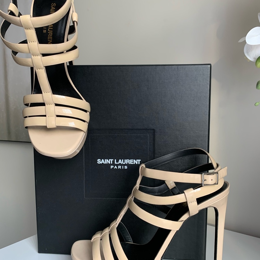 NEW Saint Laurent Nude Patent Multi-Strap High Heel Sandals